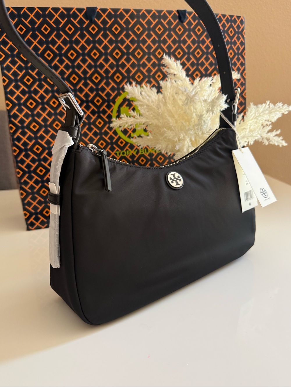 NWT , TORY BURCH NYLON SMALL ZIP TOP SHOULDER BAG black